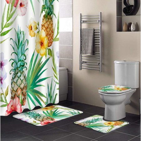 KXMDXA Summer 4 Piece Bathroom Set Shower Curtain Bath Rug Contour Mat and Toilet Lid Cover