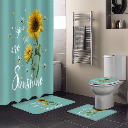 KXMDXA Sunflower 4 Piece Bathroom Set Shower Curtain Bath Rug Contour Mat and Toilet Lid Cover