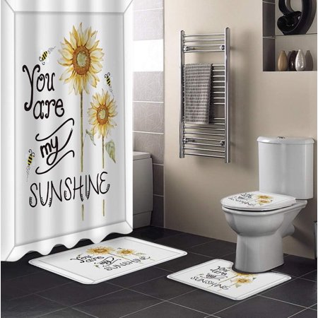 KXMDXA Sunflower 4 Piece Bathroom Set Shower Curtain Bath Rug Contour Mat and Toilet Lid Cover