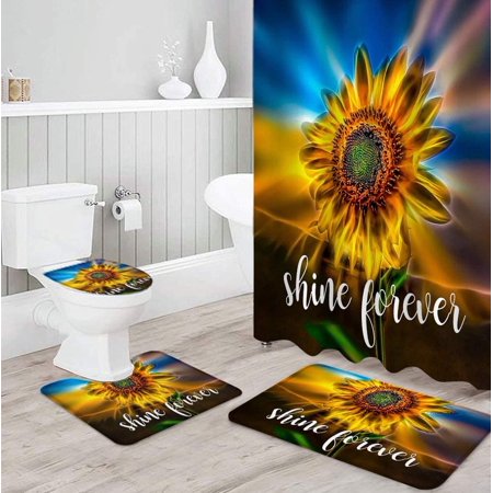 KXMDXA Sunflower 4 Piece Bathroom Set Shower Curtain Bath Rug Contour Mat and Toilet Lid Cover