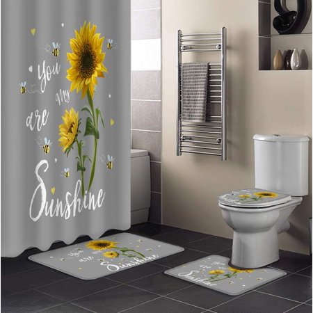KXMDXA Sunflower 4 Piece Bathroom Set Shower Curtain Bath Rug Contour Mat and Toilet Lid Cover