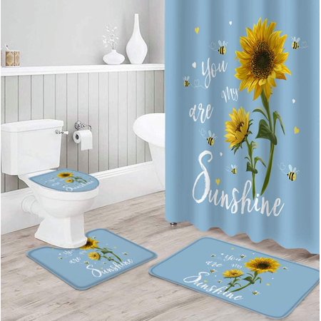 KXMDXA Sunflower 4 Piece Bathroom Set Shower Curtain Bath Rug Contour Mat and Toilet Lid Cover