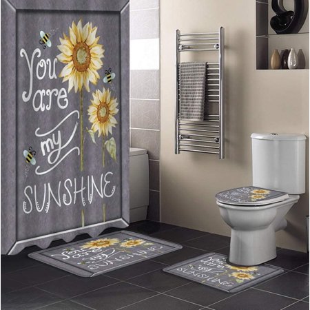 KXMDXA Sunflowers 4 Piece Bathroom Set Shower Curtain Bath Rug Contour Mat and Toilet Lid Cover