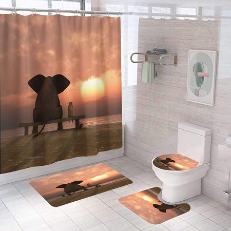 KXMDXA Sunset Elephant 4 Piece Bathroom Set Shower Curtain Bath Rug Contour Mat and Toilet Lid Cover