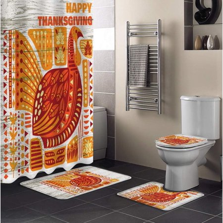 KXMDXA Thanksgiving 4 Piece Bathroom Set Shower Curtain Bath Rug Contour Mat and Toilet Lid Cover