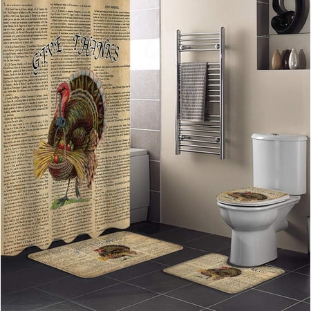 KXMDXA Thanksgiving 4 Piece Bathroom Set Shower Curtain Bath Rug Contour Mat and Toilet Lid Cover