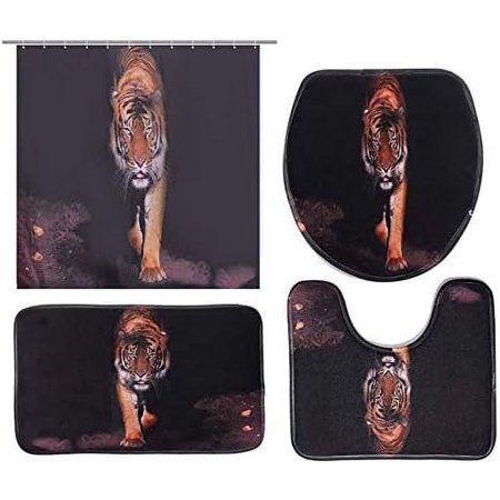 KXMDXA Tiger 4 Piece Bathroom Set Shower Curtain Bath Rug Contour Mat and Toilet Lid Cover