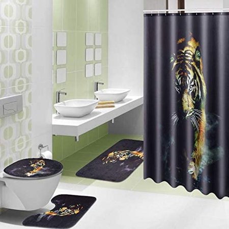 KXMDXA Tiger Black Jungle Hunting 4 Piece Bathroom Set Shower Curtain Bath Rug Contour Mat and Toilet Lid Cover