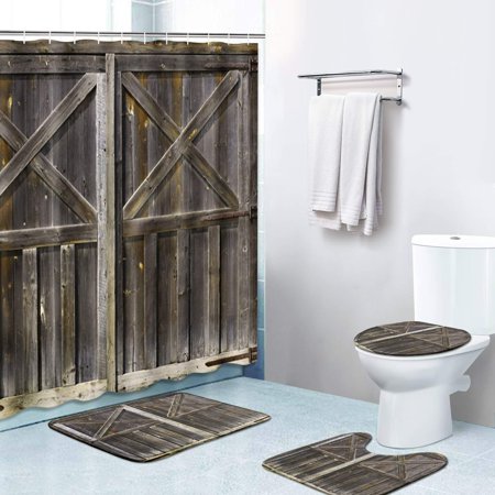KXMDXA Traditional Wooden Door Barn Board 4 Piece Bathroom Set Shower Curtain Bath Rug Contour Mat and Toilet Lid Cover