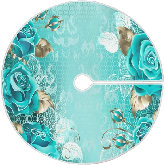 KXMDXA Tree Skirts Turquoise Roses Teal Floral Leaves Xmas Christmas Tree Skirt Stand Mat for Holiday Party Decoration Indoor Outdoor 36 inches