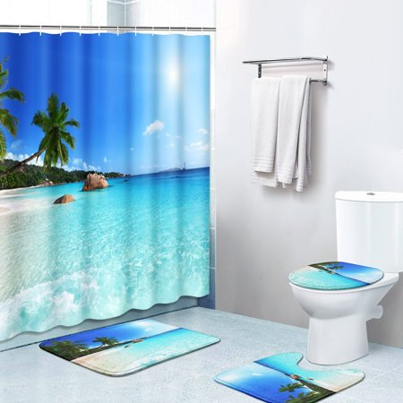 KXMDXA Tree Tropical Beach 4 Piece Bathroom Set Shower Curtain Bath Rug Contour Mat and Toilet Lid Cover