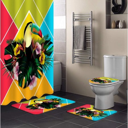 KXMDXA Tropical Leaves 4 Piece Bathroom Set Shower Curtain Bath Rug Contour Mat and Toilet Lid Cover
