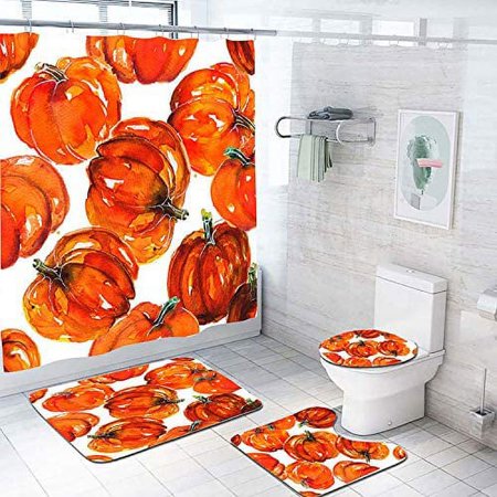 KXMDXA Tropical Plant Pumpkin 4 Piece Bathroom Set Shower Curtain Bath Rug Contour Mat and Toilet Lid Cover
