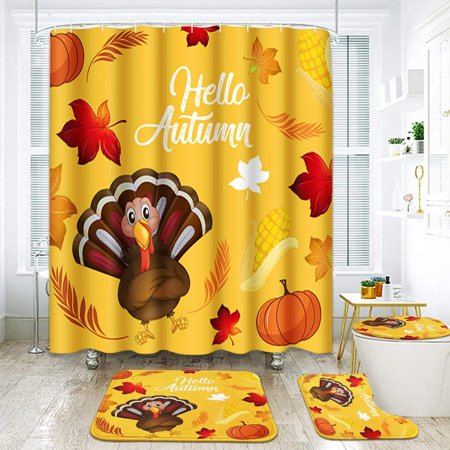 KXMDXA Turkey Pumpkin Maple Thanksgiving 4 Piece Bathroom Set Shower Curtain Bath Rug Contour Mat and Toilet Lid Cover