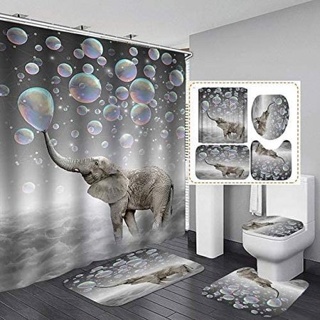 KXMDXA Underwater Elephant 4 Piece Bathroom Set Shower Curtain Bath Rug Contour Mat and Toilet Lid Cover
