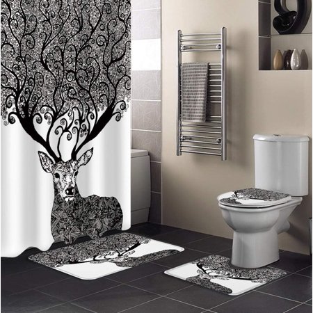 KXMDXA Unique 4 Piece Bathroom Set Shower Curtain Bath Rug Contour Mat and Toilet Lid Cover