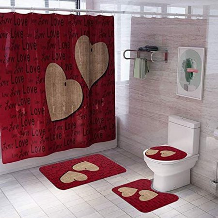 KXMDXA Valentine's Day Love 4 Piece Bathroom Set Shower Curtain Bath Rug Contour Mat and Toilet Lid Cover