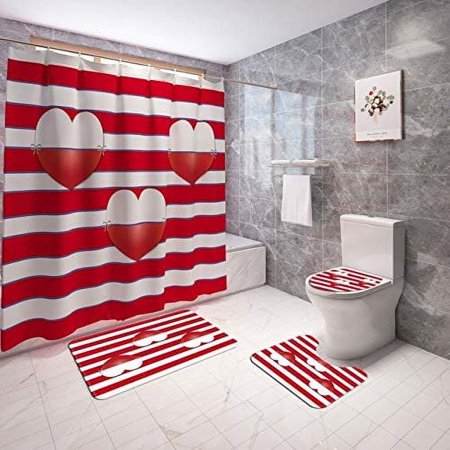 KXMDXA Valentine's Day Style 4 Piece Bathroom Set Shower Curtain Bath Rug Contour Mat and Toilet Lid Cover