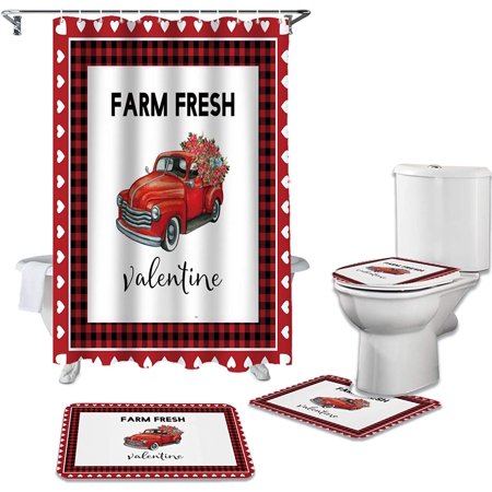 KXMDXA Valentines Rustic TruckFresh Flower 4 Piece Bathroom Set Shower Curtain Bath Rug Contour Mat and Toilet Lid Cover