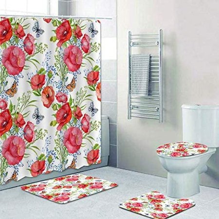 KXMDXA Vintage Cream Roses Floral Modern Lavender Lilac Poppies Flower 4 Piece Bathroom Set Shower Curtain Bath Rug Contour Mat and Toilet Lid Cover
