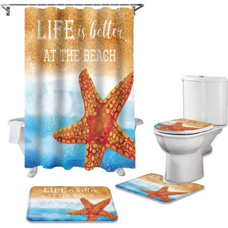 KXMDXA Watercolor Beach StarfishText 4 Piece Bathroom Set Shower Curtain Bath Rug Contour Mat and Toilet Lid Cover