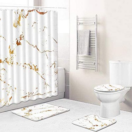 KXMDXA White Marble Simple Screen 4 Piece Bathroom Set Shower Curtain Bath Rug Contour Mat and Toilet Lid Cover