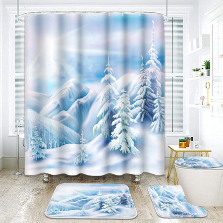 KXMDXA Winter Landscape Covered Snow Fir 4 Piece Bathroom Set Shower Curtain Bath Rug Contour Mat and Toilet Lid Cover