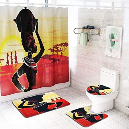 KXMDXA Woman 4 Piece Bathroom Set Shower Curtain Bath Rug Contour Mat and Toilet Lid Cover