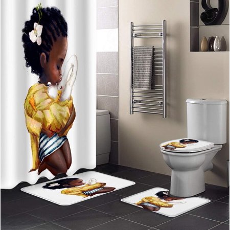KXMDXA Woman 4 Piece Bathroom Set Shower Curtain Bath Rug Contour Mat and Toilet Lid Cover