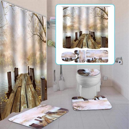 KXMDXA Wooden Bridge 4 Piece Bathroom Set Shower Curtain Bath Rug Contour Mat and Toilet Lid Cover