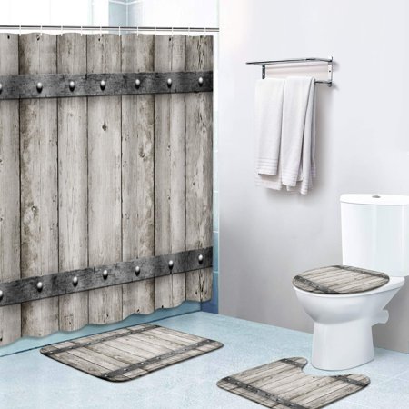KXMDXA Wooden Rustic Grey 4 Piece Bathroom Set Shower Curtain Bath Rug Contour Mat and Toilet Lid Cover