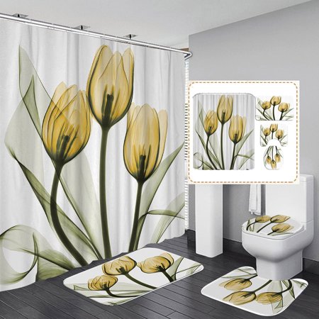 KXMDXA Yellow Tulips 4 Piece Bathroom Set Shower Curtain Bath Rug Contour Mat and Toilet Lid Cover