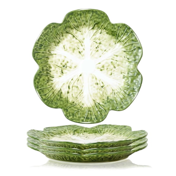 KXZ Set of 4 Green Ceramic Salad Plate, 10.5 Inch Cabbage Plates, Porcelain Decorative Plates for Kitchen, Round Appetizer Bowl for Dessert, Decorative, Dinner, Pancakes, Steak