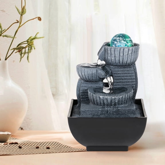 KY 7.3"H Indoor Tabletop Fountain with Rolling Ball & LED Light, Small Resin Rock Waterfall Fountain Decor