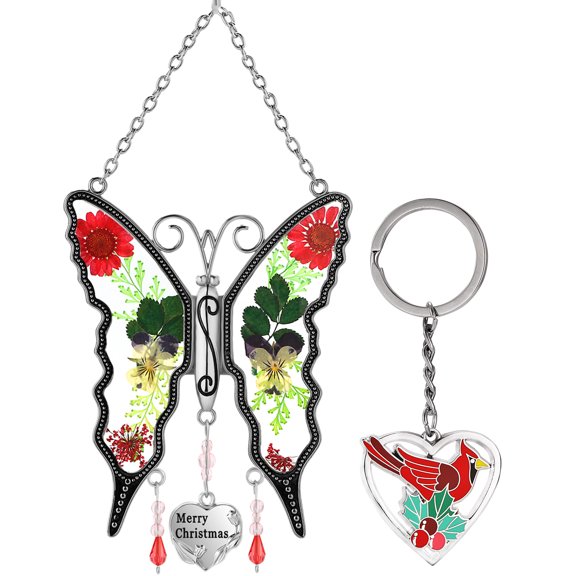 KY&BOSAM Butterfly Suncatcher and Heart Cardinal Keychains, Merry Christmas & Heart Cardina Keychains, Multicolor, 1 Count