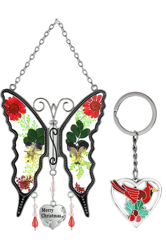 Butterfly Suncatcher and Heart Cardinal Keychains, Merry Christmas & Heart Cardina Keychains, Multicolor, 1 Count