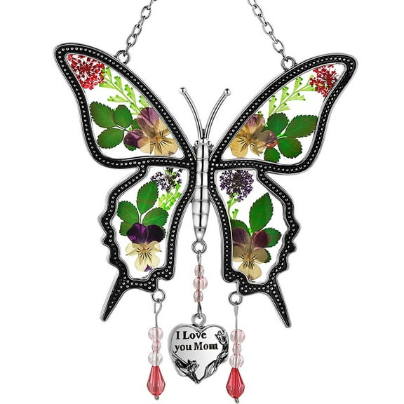 KY&BOSAM I Love You Mom Glass Butterfly Suncatchers Silver Zircon & Stained glass and really flower material Color box packing Make Happy Mother's Day Gifts for Mom Birthday Christmas