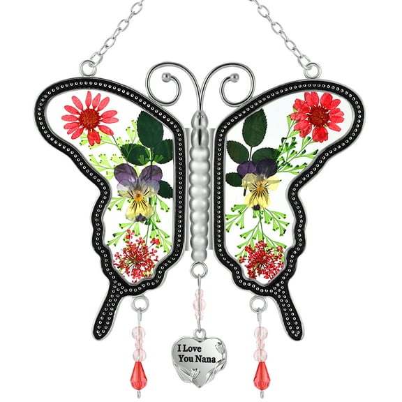 KY&BOSAM Silver Zircon & Stain Glass I Love You Nana Butterfly Suncatcher & Wind Chime Ornament Home Decor Colorbox packing Gifts