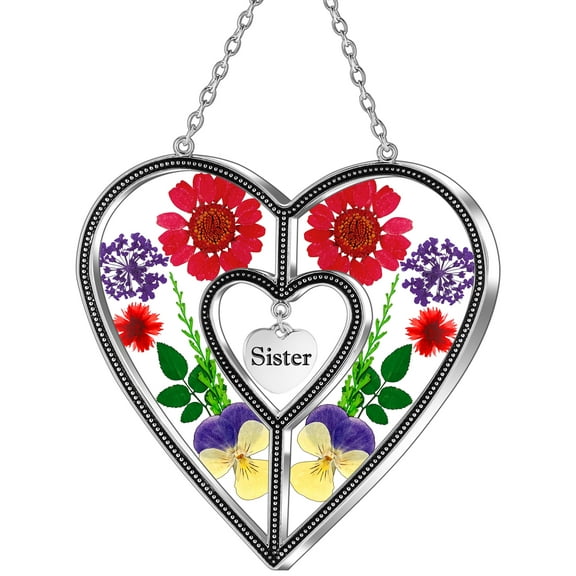 KY&BOSAM Sister Heart Suncatchers Ornament Stained Glass Heart Suncatcher Wind Chime with Pressed Flower Heart Embedded in Glass Sister Window hangings Gifts for Sister Birthdays Christmas