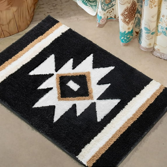 KY Bathroom Rugs Boho Bath Mat Non Slip Black Aztec Bath Rug, Soft Absorbent Luxury Plush Washable Floor Carpet for Bathroom Shower Modern Decor 18x24