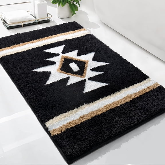 KY Bathroom Rugs Boho Bath Mat Non Slip Black Aztec Bath Rug, Soft Absorbent Luxury Plush Washable Floor Carpet for Bathroom Shower Modern Decor 18x24