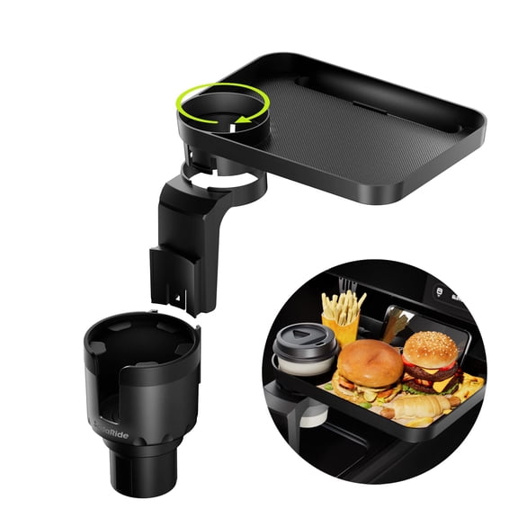 KY Car Cup Holder Tray -Expander- 3 in 1 Detachable Food Table Tray with Solid Base - Road Trip Essentials Accessories Gadgets - Fits Yeti, Hydro Flask 32/40 oz