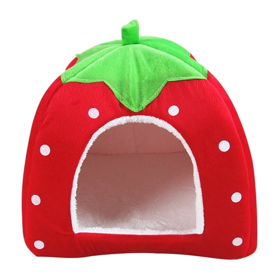 KY Cute Strawberry Cat House Indoors Winter Warm Pet Dog Bed Foldable Fleece Warm Yurt
