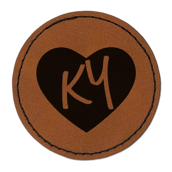 KY Kentucky State in Heart 2.5" Faux Leather Round Engraved Iron-On Patch - Brown