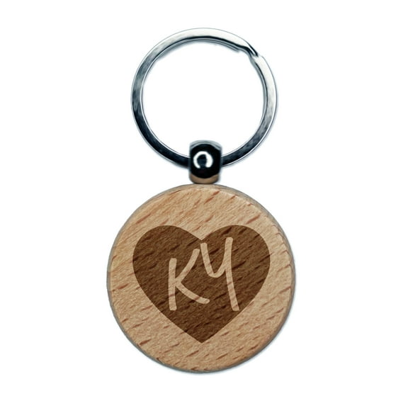 KY Kentucky State in Heart Round Keychain Charm Tag - Engraved Wood