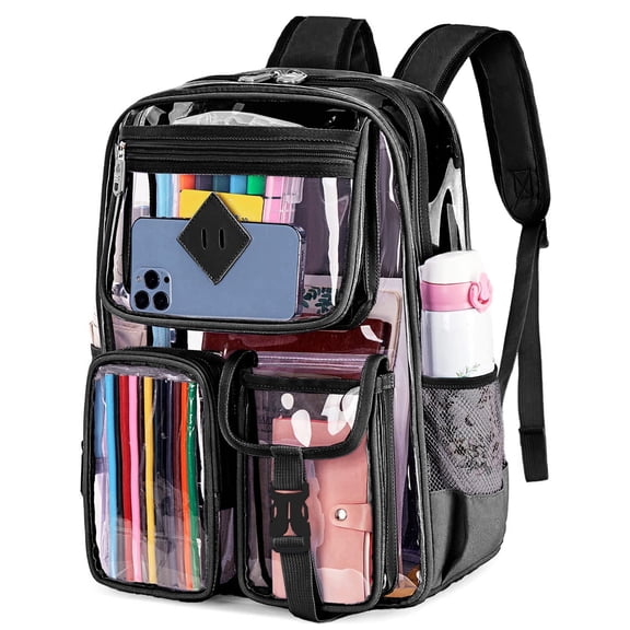 KY Large Clear Backpack Heavy Duty Stadium Approved See Through Backpack Waterproof PVC Transparent Backpacks Clear Book Bag with Reinforced Strap for School Work Travel Festival, Purple