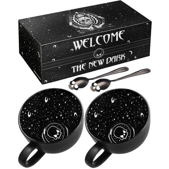 KY Maaacute Midnight Skull Coffee Mugs with Spoons, Halloween Christmas Birthday White Elephant Weird Gifts for Women Men Girl Friends, Halloween Spooky Witchy Gothis Decor Horror Novelty Tea Cups