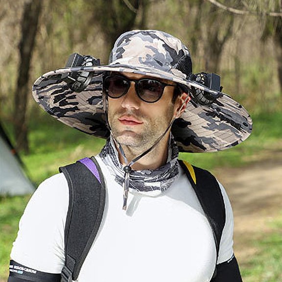 KY Wide Brim Solar Fan Hat,Fishing Hat with 2 Solar Fan, 3 Speed Solar Powered Fan Hat,Outdoor Sun Hats for Men Women Hat with Fan Built in