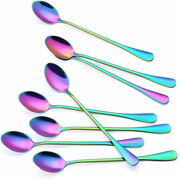 KYA55 8-Piece 8in Rainbow Spoon Set Long Handle Stainless Steel Iced Tea Spoon