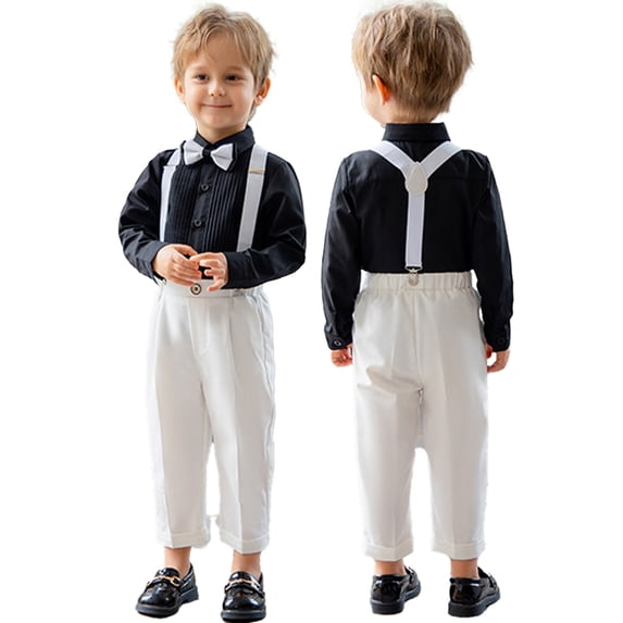 KYAIGUO 1-11T Boys Formal Suits Set Toddler 4PCS Gentleman Outfit Dress Shirt with Bowtie Trousers with Suspenders Spring Summer Formal Dresswear for Baby Kids